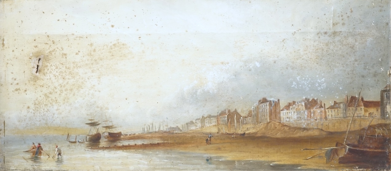 E. Fox, oil on canvas, English coastal view, possibly Brighton, 20 x 44cm, unframed, rip to canvas